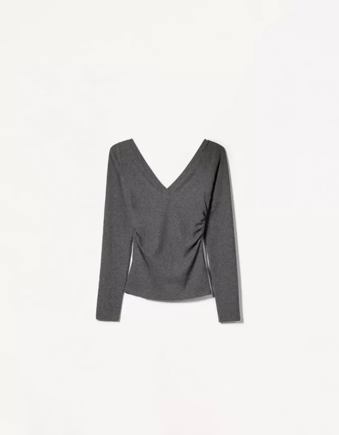 Camiseta de manga larga con escote en pico fruncido Dark grey
