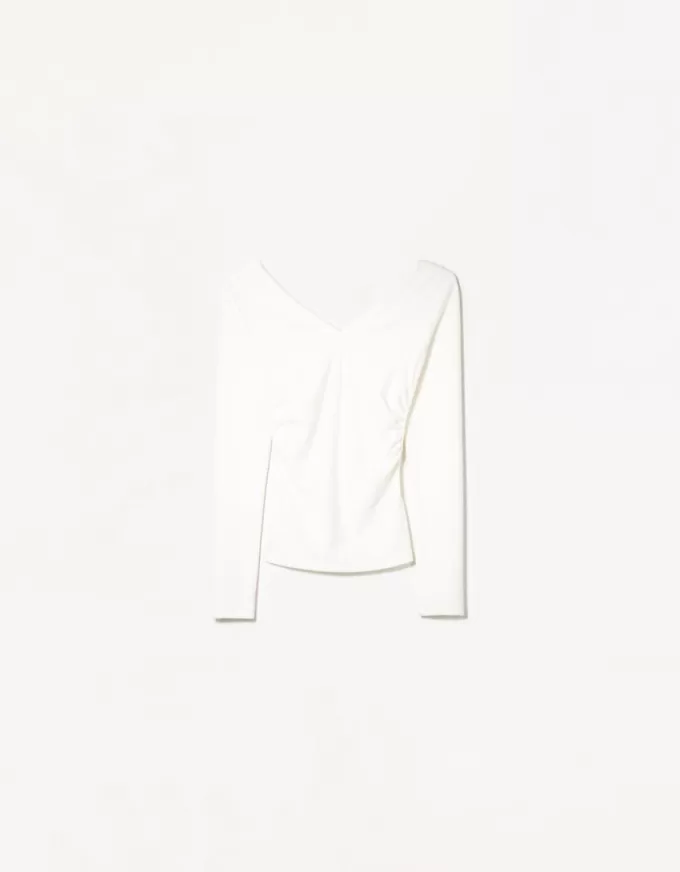 Camiseta de manga larga con escote en pico fruncido Cream