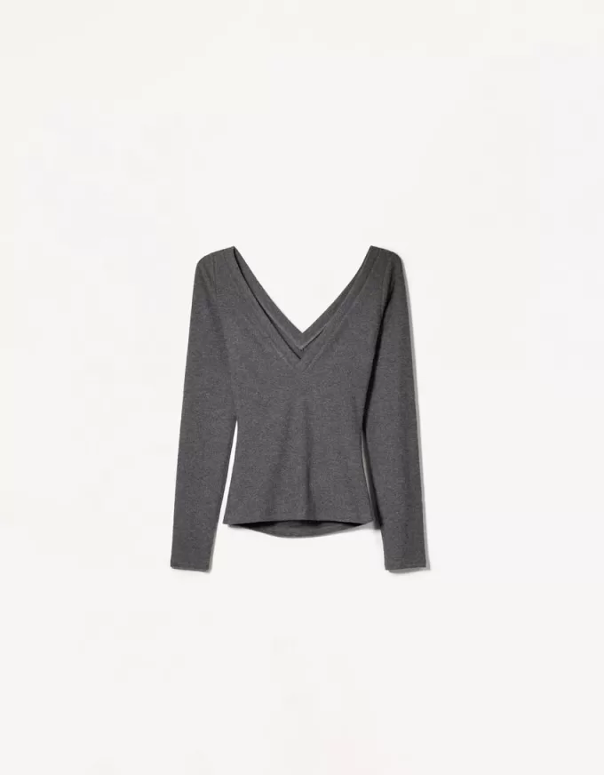 Camiseta de manga larga con escote en pico fruncido Dark grey
