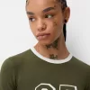 Camiseta de manga larga con estampado y ribete Khaki