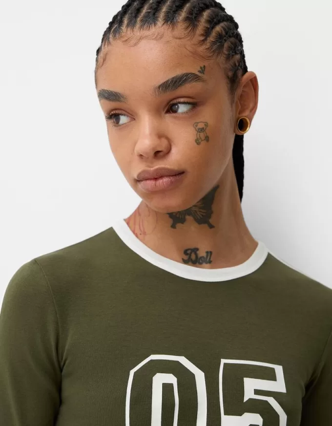 Camiseta de manga larga con estampado y ribete Khaki