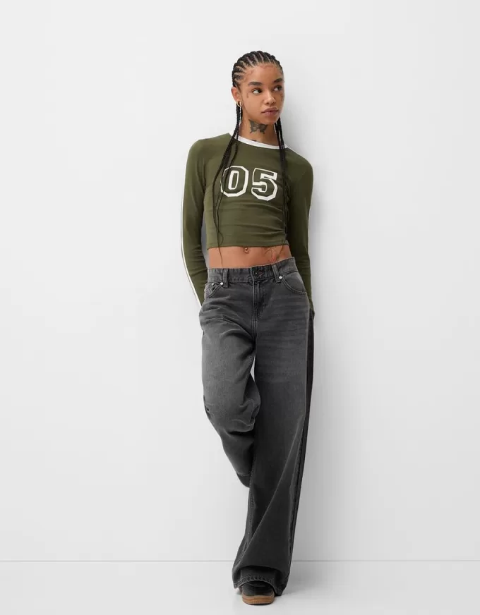 Camiseta de manga larga con estampado y ribete Khaki