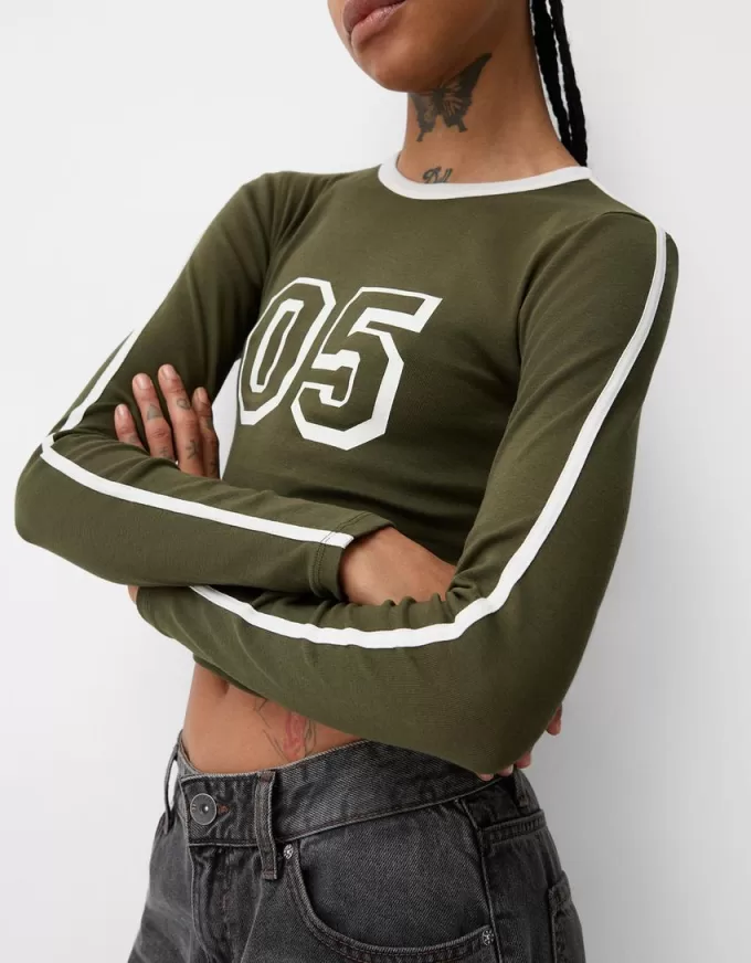Camiseta de manga larga con estampado y ribete Khaki