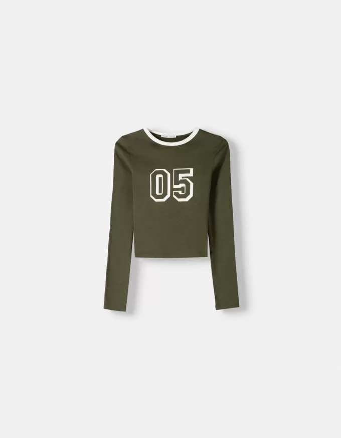 Camiseta de manga larga con estampado y ribete Khaki