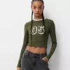 Camiseta de manga larga con estampado y ribete Khaki