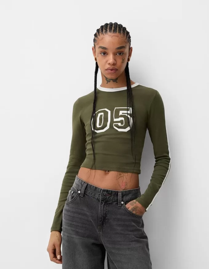 Camiseta de manga larga con estampado y ribete Khaki
