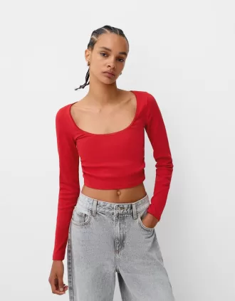 Camiseta de manga larga con laterales fruncidos Red