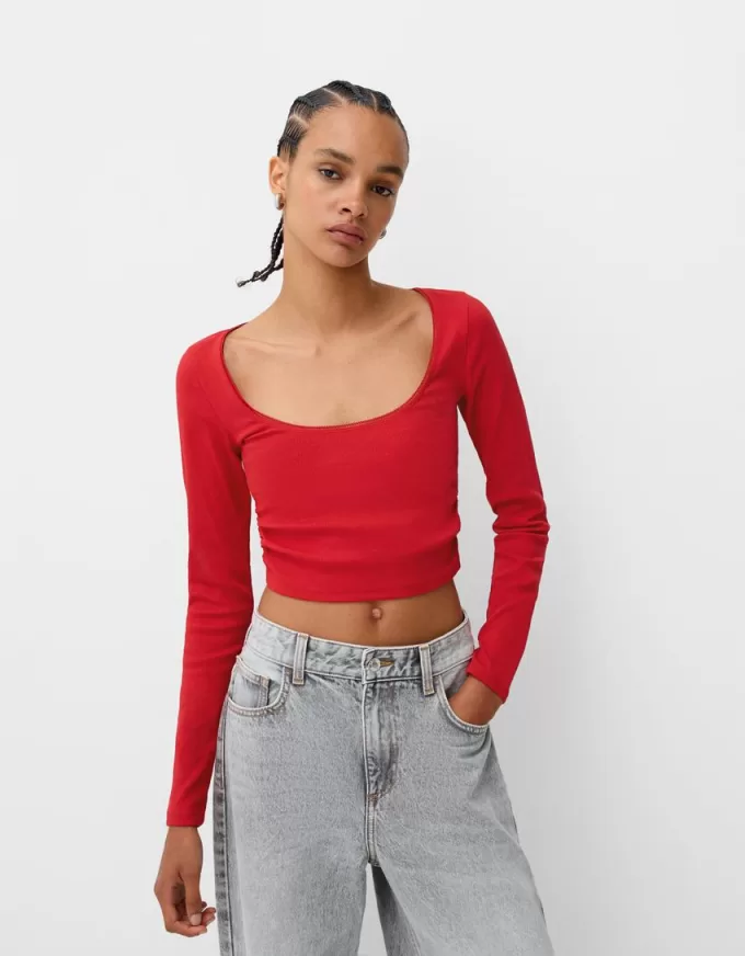 Camiseta de manga larga con laterales fruncidos Red