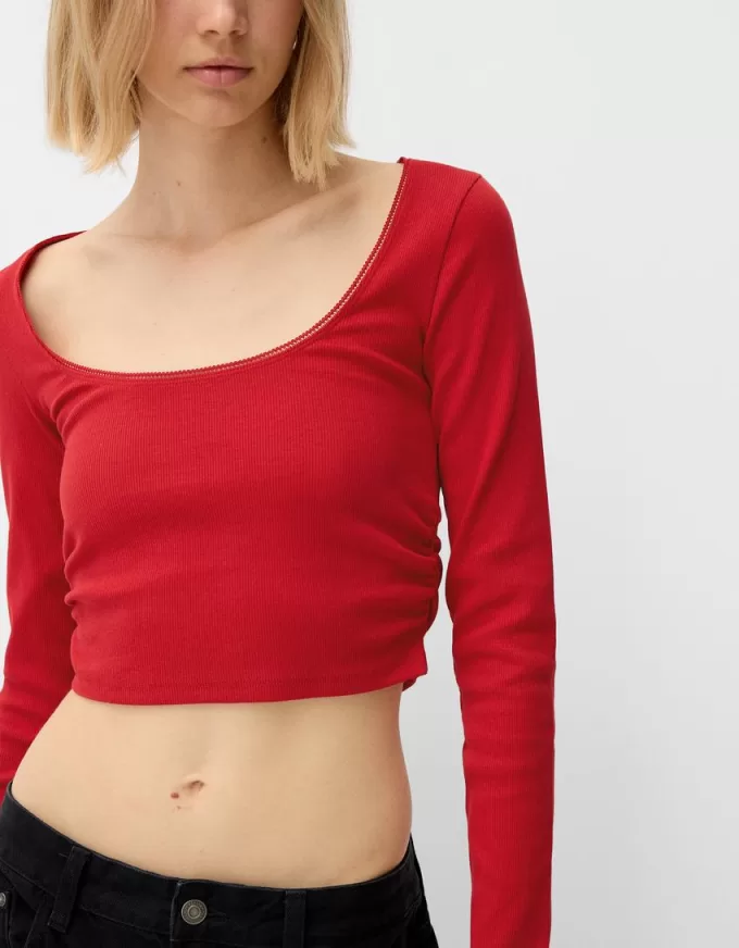 Camiseta de manga larga con laterales fruncidos Red