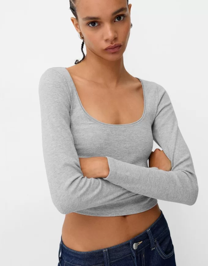 Camiseta de manga larga con laterales fruncidos Grey