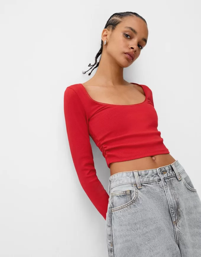 Camiseta de manga larga con laterales fruncidos Red