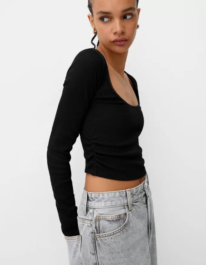 Camiseta de manga larga con laterales fruncidos Black