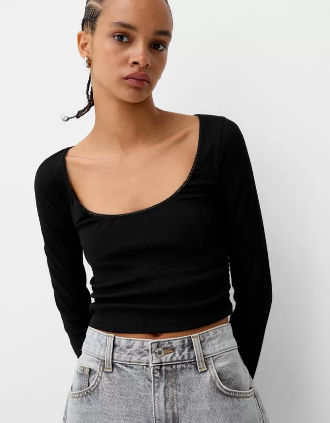 Camiseta de manga larga con laterales fruncidos Black