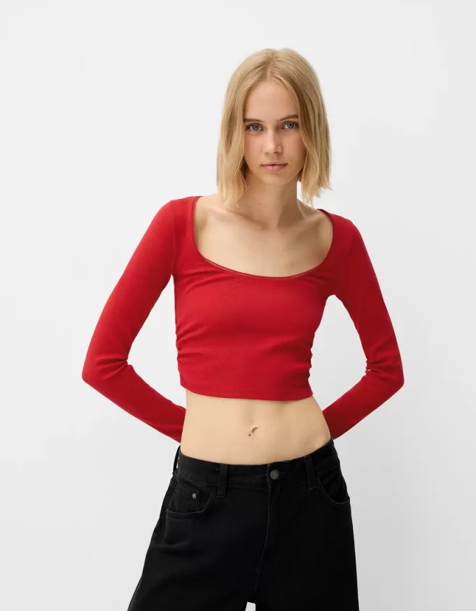 Camiseta de manga larga con laterales fruncidos Red