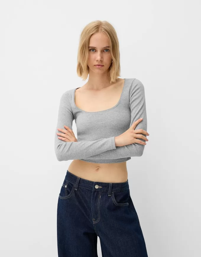 Camiseta de manga larga con laterales fruncidos Grey