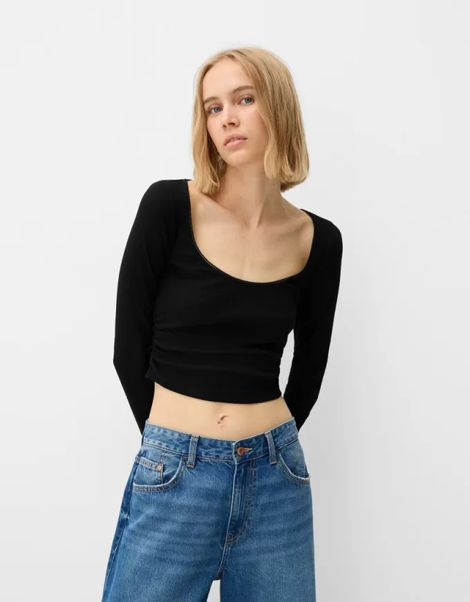 Camiseta de manga larga con laterales fruncidos Black