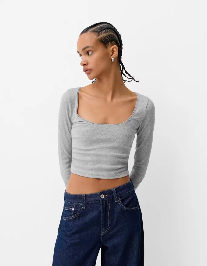 Camiseta de manga larga con laterales fruncidos Grey