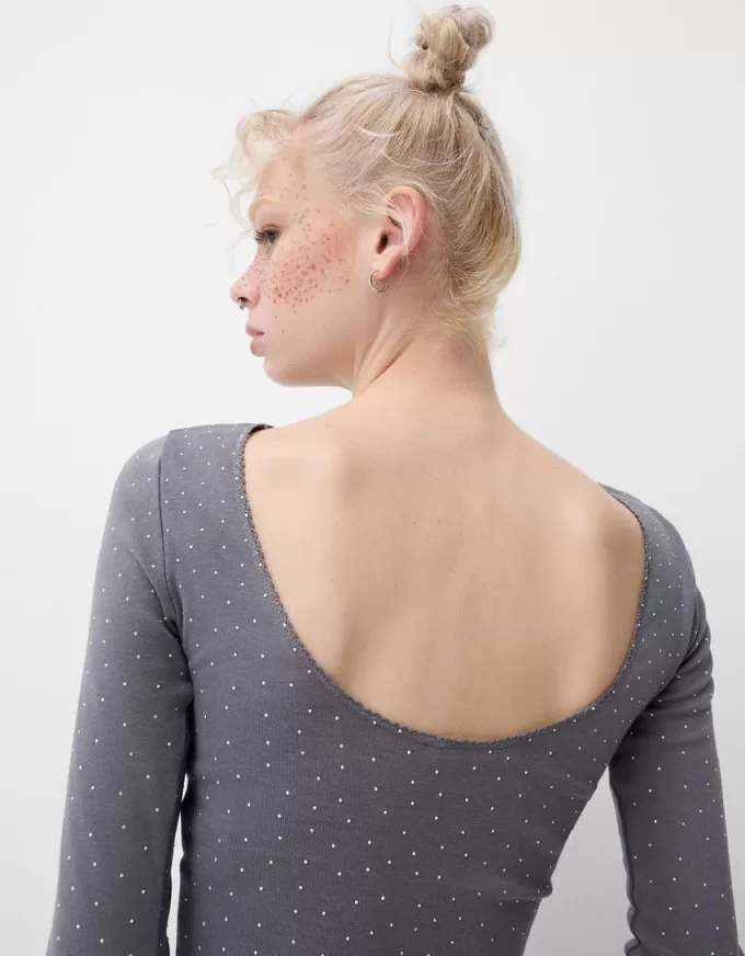 Camiseta de manga larga con strass all over Grey