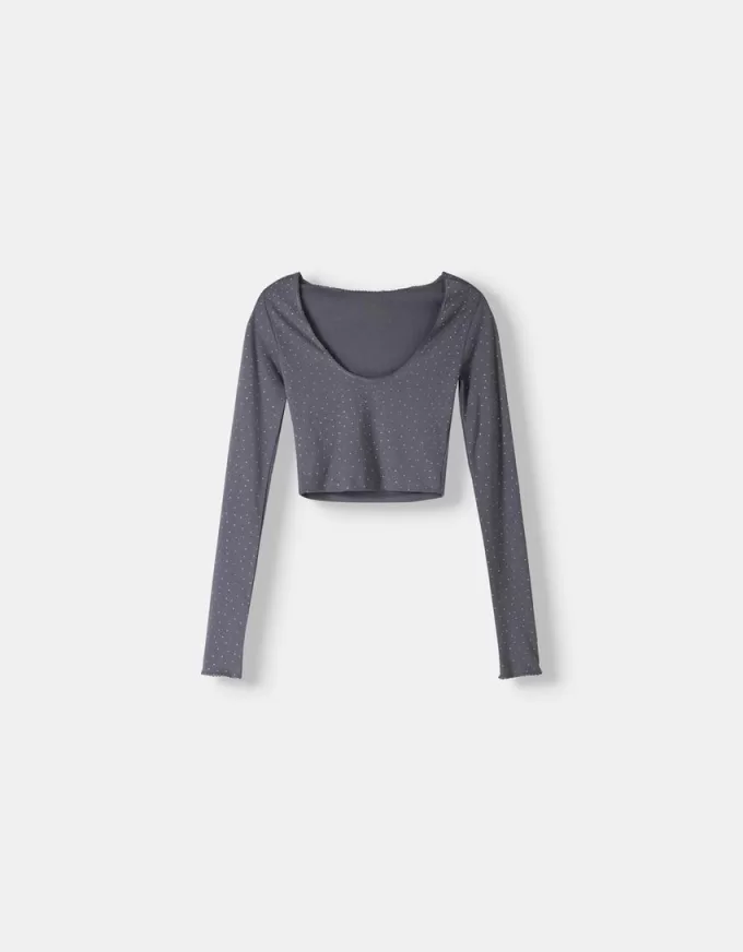 Camiseta de manga larga con strass all over Grey