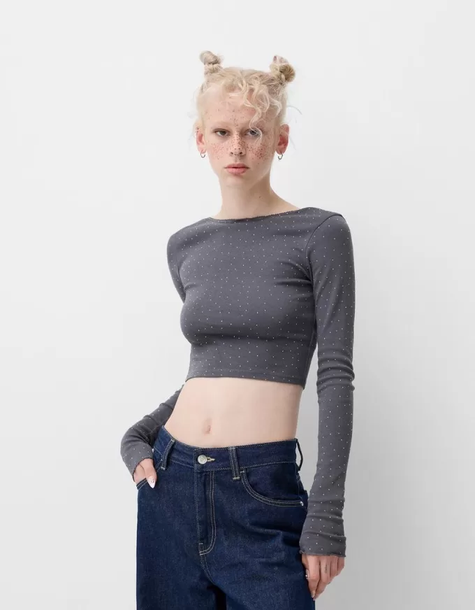 Camiseta de manga larga con strass all over Grey