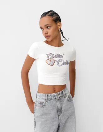 Camiseta espalda abierta con pedrería Cream