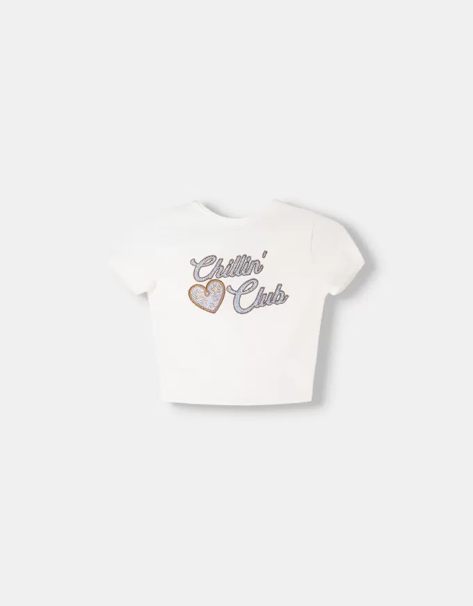 Camiseta espalda abierta con pedrería Cream
