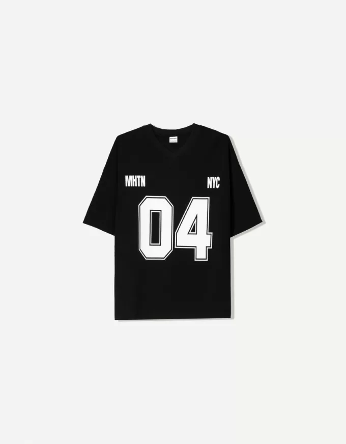Camiseta estampada con cuello en V y manga corta Black