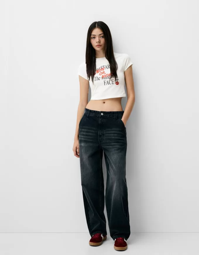 Camiseta estampada con manga corta raglán Cream