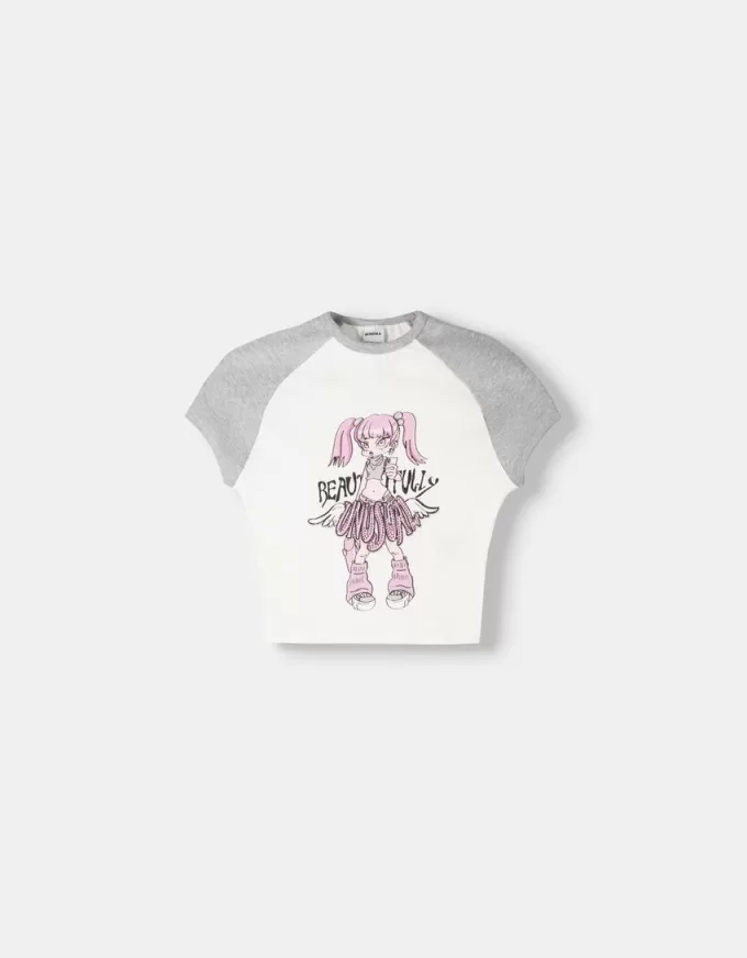 Camiseta estampada con manga corta raglán Off white