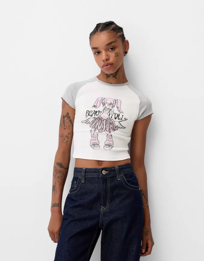 Camiseta estampada con manga corta raglán Off white