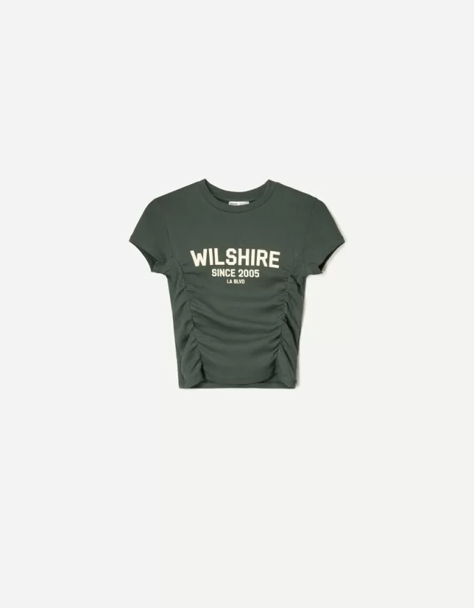 Camiseta estampada manga corta con fruncido Khaki