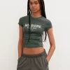 Camiseta estampada manga corta con fruncido Khaki