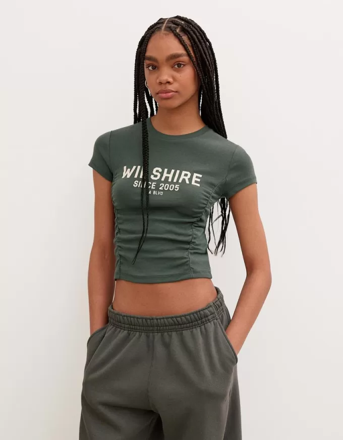 Camiseta estampada manga corta con fruncido Khaki