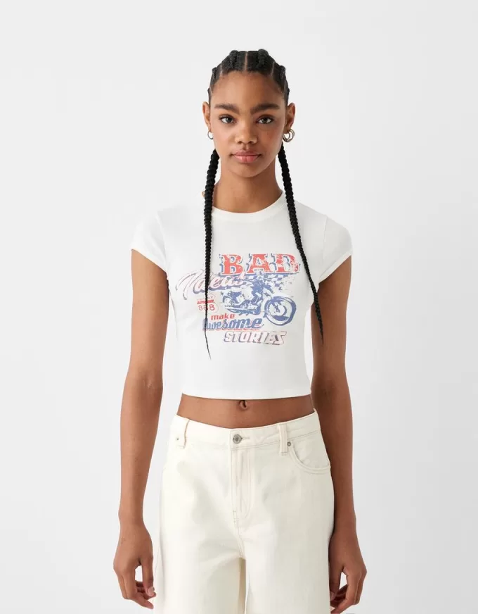 Camiseta estampada manga corta tirantes espalda Cream