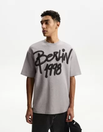 Camiseta felpa manga corta estampada Grey