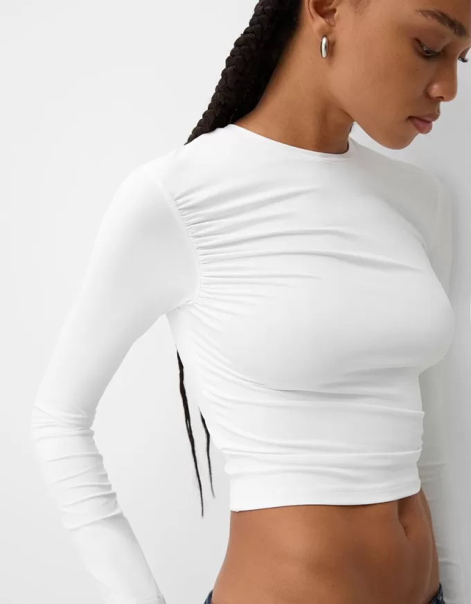 Camiseta fruncida de poliamida manga larga Cream