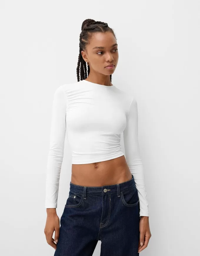 Camiseta fruncida de poliamida manga larga Cream