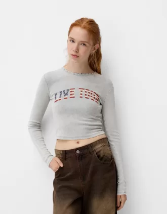 Camiseta manga larga canalé estampada tachuelas Grey