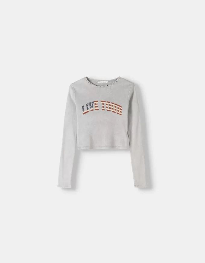 Camiseta manga larga canalé estampada tachuelas Grey Camiseta manga larga canalé estampada tachuelas Grey