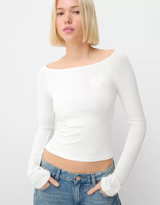Camiseta manga larga cuello barco bordado Off white