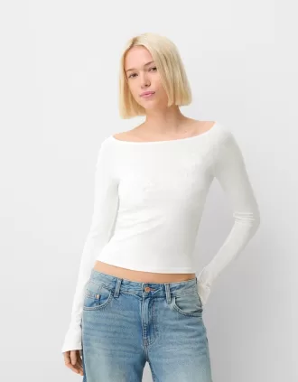 Camiseta manga larga cuello barco bordado Off white