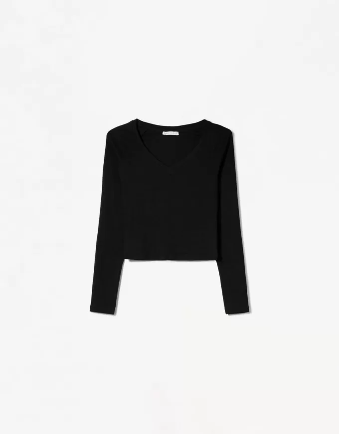 Camiseta manga larga cuello pico Black