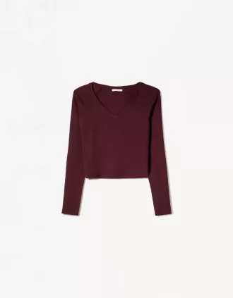 Camiseta manga larga cuello pico Burgundy