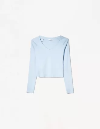 Camiseta manga larga cuello pico Light blue