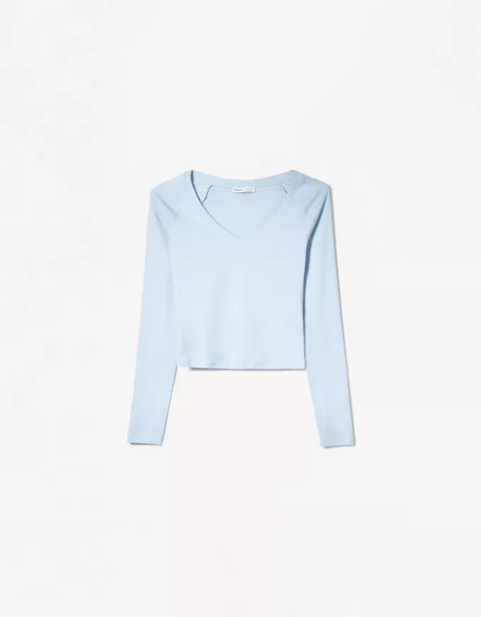 Camiseta manga larga cuello pico Light blue