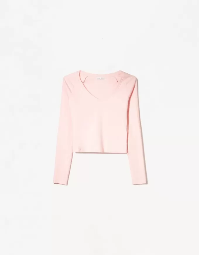 Camiseta manga larga cuello pico Pink