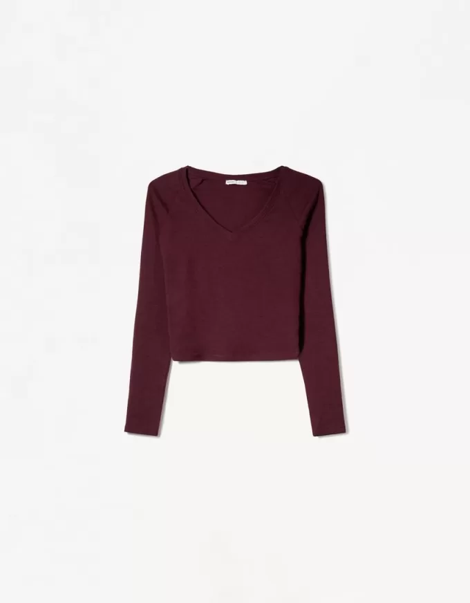 Camiseta manga larga cuello pico Burgundy Camiseta manga larga cuello pico Burgundy