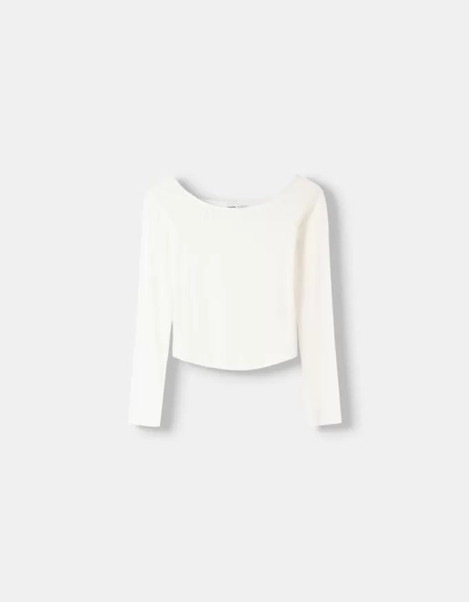 Camiseta manga larga escote Bardot Off white