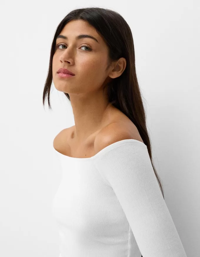 Camiseta manga larga escote Bardot Off white