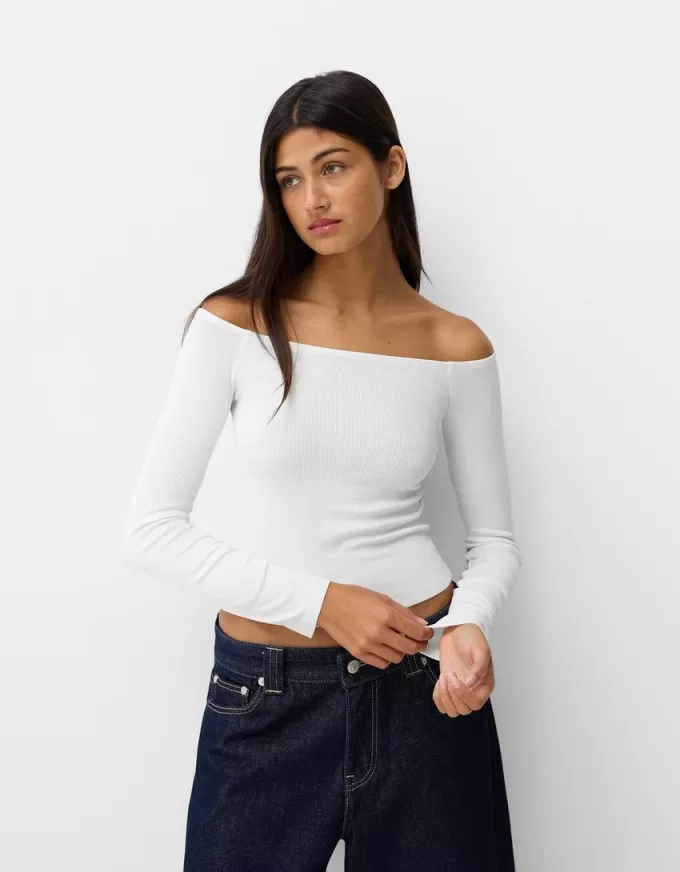 Camiseta manga larga escote Bardot Off white